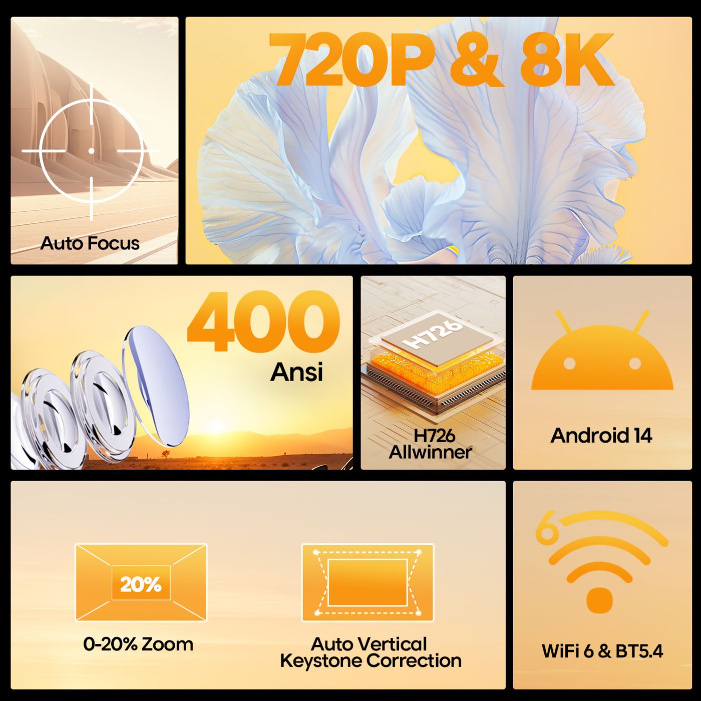 맥큐빅 오토 포커스 안드로이드 14 4K 프로젝터 400ANSI 8K 네이티브 720P HY300Max 와이파이6 블루투스5.4 올위너 H726 휴대용 야외 프로젝터 상품 이미지 2