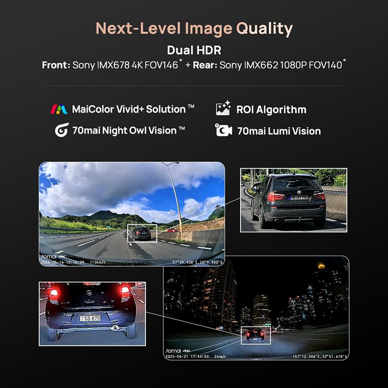 70mai A810S 4K 블랙박스 IMX678 듀얼 HDR 슈퍼커패시터 4G LTE 원격 제어 Wi-Fi 6 5GHz 음성 제어 GPS ADAS 차량용 카메라 상품 이미지 3