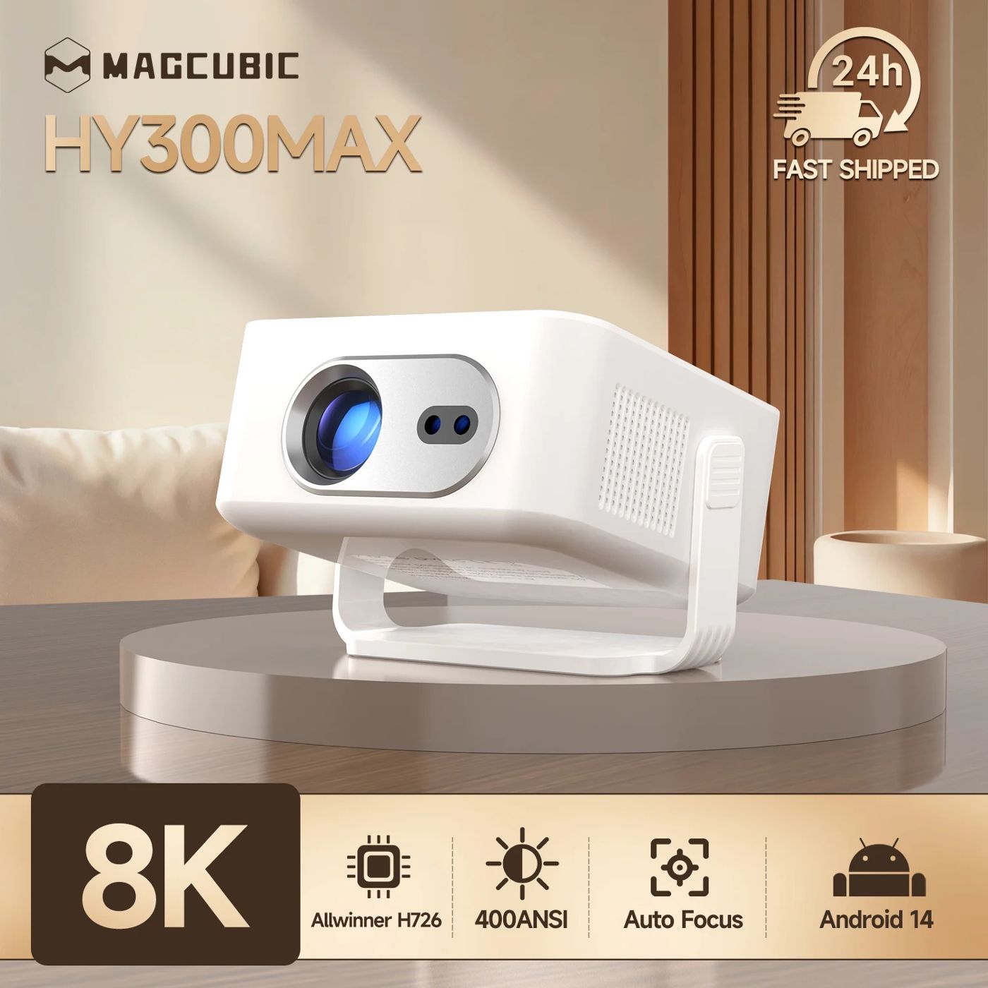 맥큐빅 오토 포커스 안드로이드 14 4K 프로젝터 400ANSI 8K 네이티브 720P HY300Max 와이파이6 블루투스5.4 올위너 H726 휴대용 야외 프로젝터 상품 이미지 1