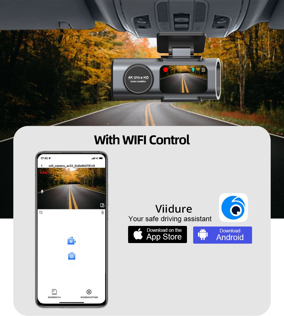 대시 캠 4K UHD 녹화 자동차 카메라 DVR 나이트 비전 비디오 레코더 내장 Wi-Fi 지원 GPS 24H 주차 상품 이미지 5