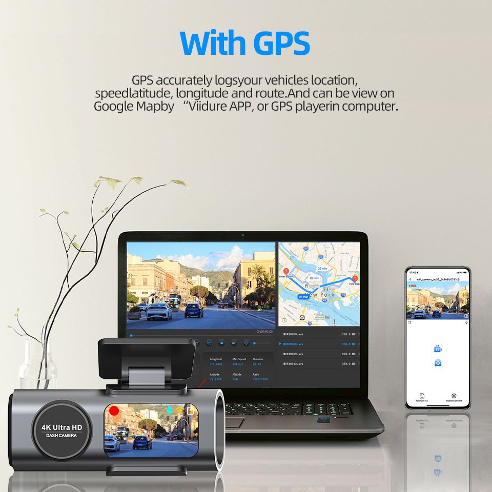 대시 캠 4K UHD 녹화 자동차 카메라 DVR 나이트 비전 비디오 레코더 내장 Wi-Fi 지원 GPS 24H 주차 상품 이미지 4
