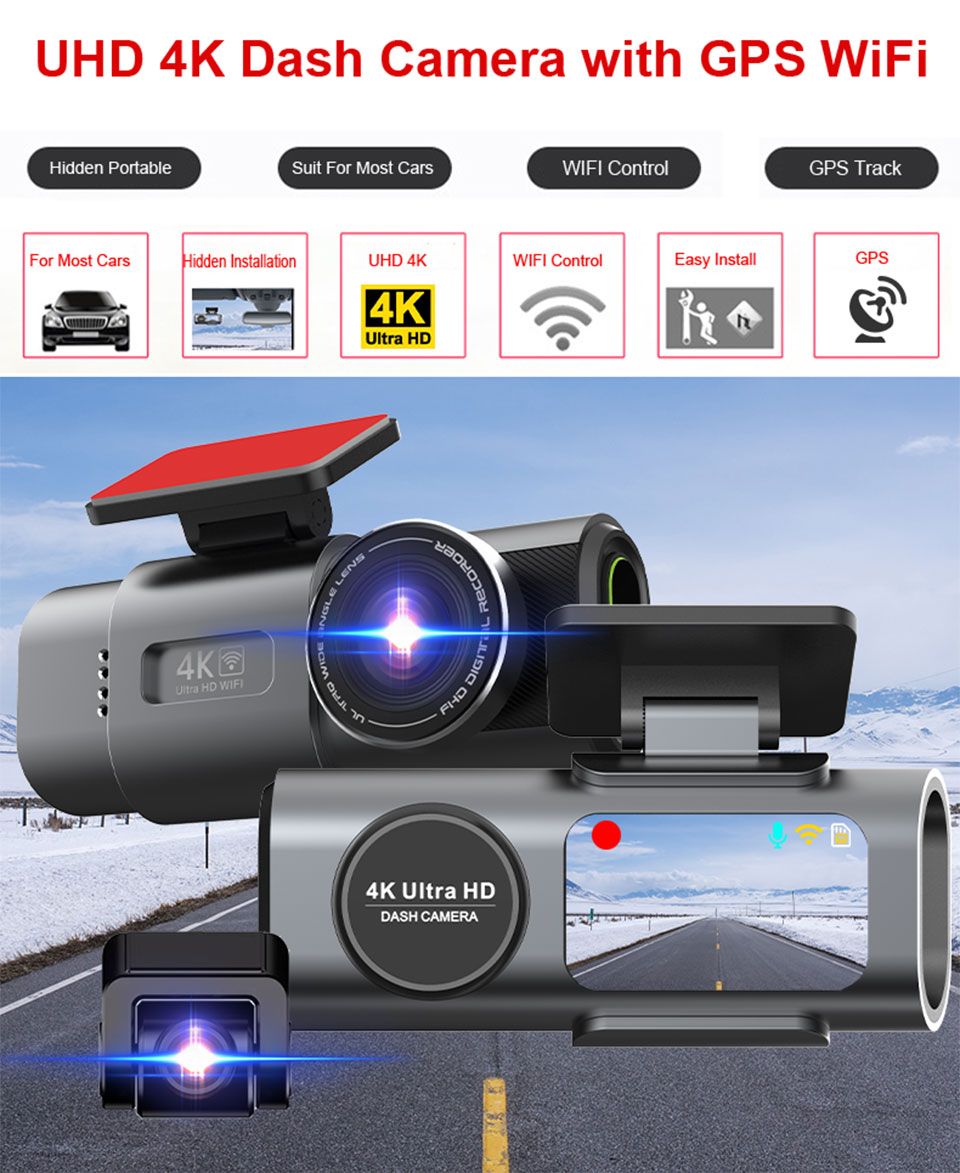 대시 캠 4K UHD 녹화 자동차 카메라 DVR 나이트 비전 비디오 레코더 내장 Wi-Fi 지원 GPS 24H 주차 상품 이미지 2