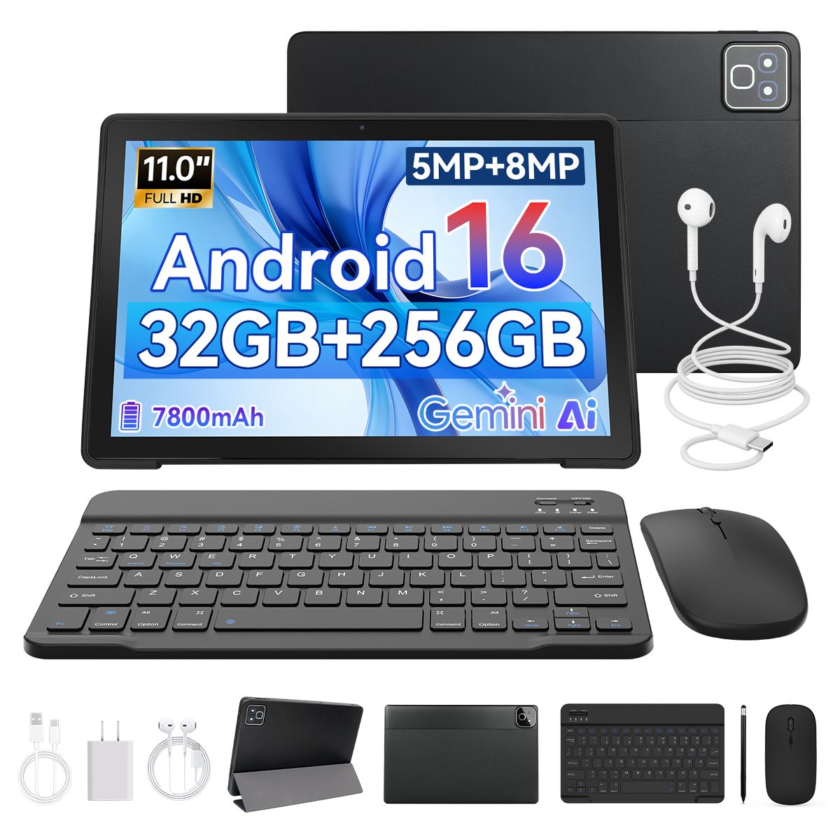 11인치 태블릿 PC K6ProL A333 프로세서 안드로이드 16 32GB(3+29GB) 램 256GB 롬 1280*800 IPS HD 7800mAh WiFi6 Gemini AI Widevine L1 키보드 마우스 스타일러스 이어폰 케이스 포함 미국 현지 창고 상품 이미지 1