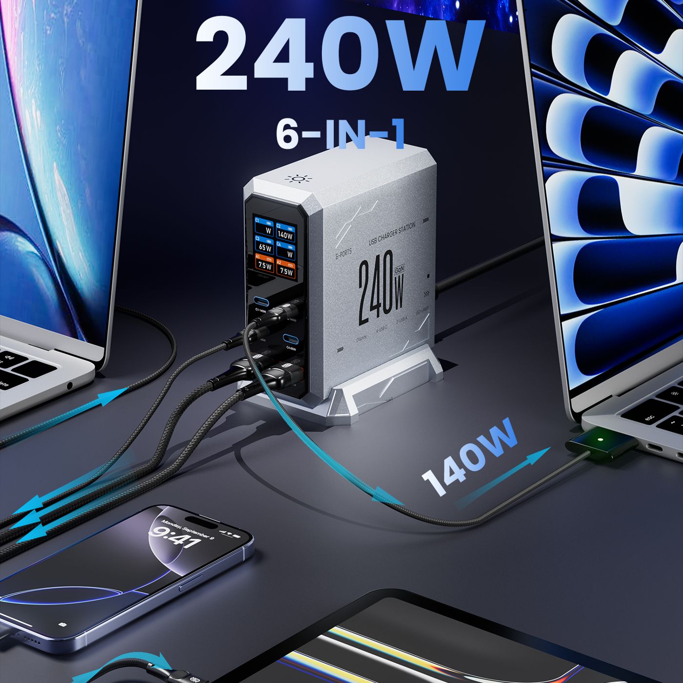 240W GaN 충전기 6-IN-1 140W PD3.1 PPS USB 타입 C 디지털 디스플레이 고속 충전 스테이션 아이폰 16 15 맥북 노트북 삼성용 상품 이미지 4