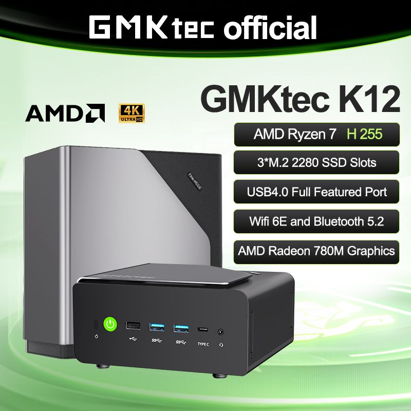 GMKtec K12 미니 PC AMD 라이젠 ™ 7H 255 듀얼 DDR5 5600MT/s 3개 SSD PCIe4.0 WiFi 6 BT 5.2 듀얼 2.5G LAN OCulink 데스크탑 컴퓨터 상품 이미지 1