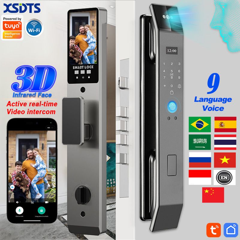 XSDTS Wifi 투야 앱 얼굴인식 스마트 도어락 (카메라, 화상 통화, 음성 인터콤, 디지털 도어락, 자동 도어락 기능 포함) 상품 이미지 1