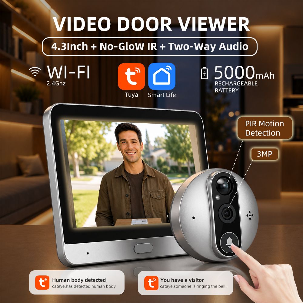 3MP 스마트 라이프 Tuya 1080P WiFi 도어 벨 눈 틈 구멍 카메라 5000mAh 배터리 PIR 동작 탐지기 IR Alexa Google 홈 디지털 뷰어 상품 이미지 1