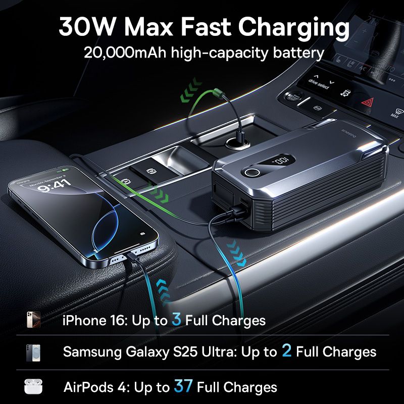 베이스어스 2000A 점프 스타터 비상용 파워뱅크 20000mAh 12V 자동차 배터리 시동 부스터 장치 자동차 점프 스타터 상품 이미지 4