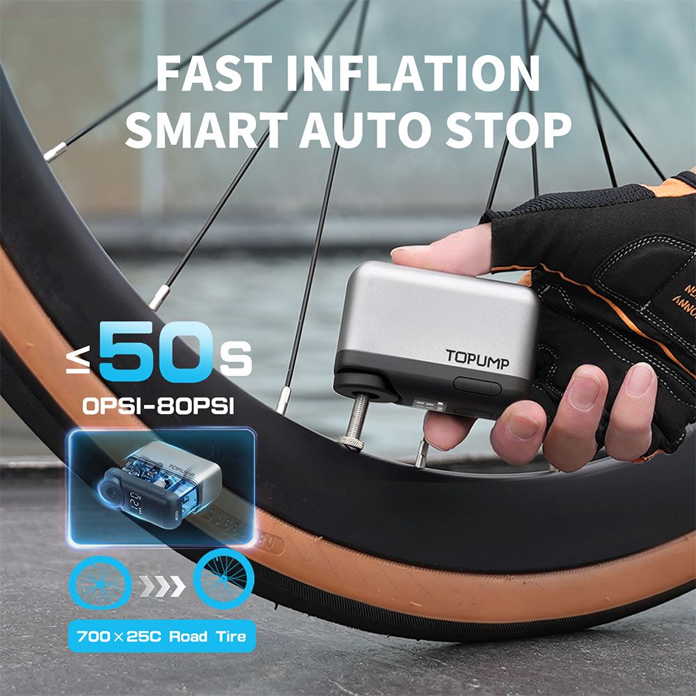 TOPUMP TB2 PRO 자전거 무선 타이어 팽창기 용 미니 휴대용 전기 펌프 120PSI 최대 450mAh 배터리 (화면 고속 충전 포함) 상품 이미지 5