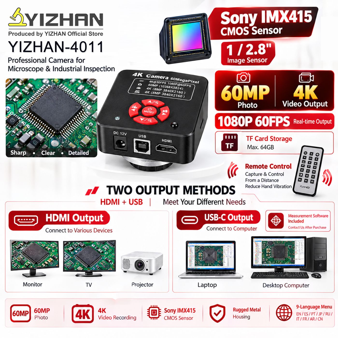 YIZHAN 48MP 4K 전자 납땜 현미경 풀 HD 1080P HDMI 카메라 USB 소프트웨어 1-150x 렌즈 스탠드 유럽에서 배송 상품 이미지 2