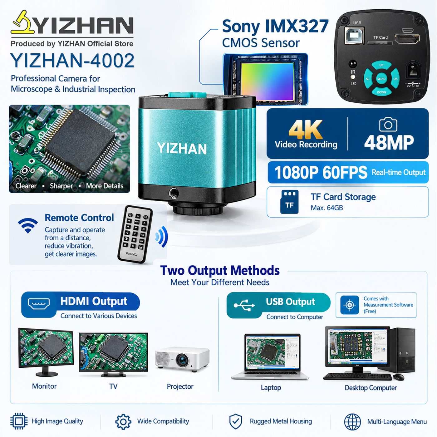 YIZHAN 48MP 4K 전자 납땜 현미경 풀 HD 1080P HDMI 카메라 USB 소프트웨어 1-150x 렌즈 스탠드 유럽에서 배송 상품 이미지 5